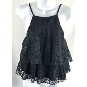 Vintage Halter Tank Top S Blk Layered Lace Ruffles Coquette Fairy Whimsy Gothic